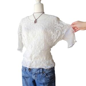 White Silk Lace and Crochet Top with Sheer Back